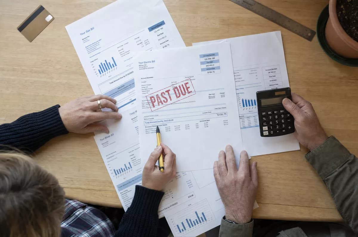 Layout and typography: An overhead view of two people at a light wooden table sorting through paperwork