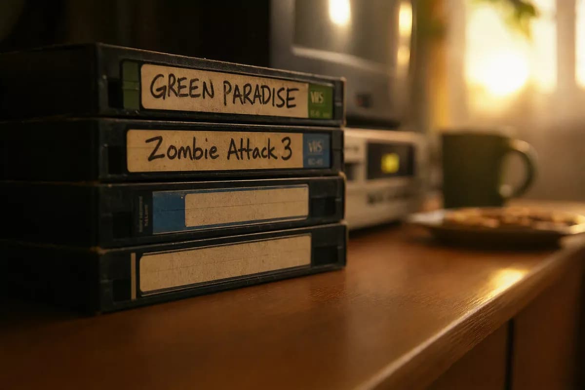 Layout and typography: A close-up of a stack of four VHS cassettes on a wooden media cabinet, shot alon