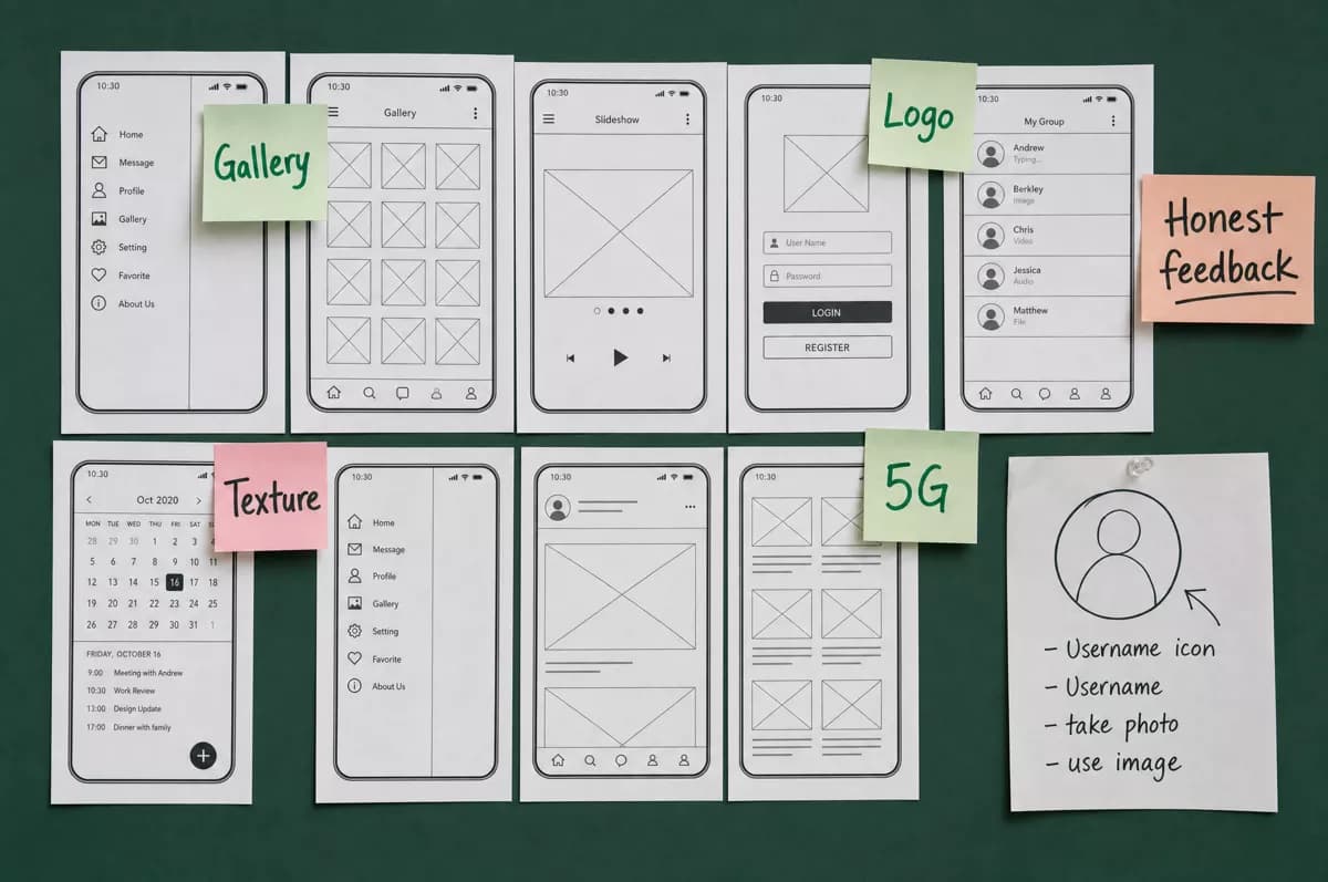 Layout and typography: A UX design wall shot straight on: a dark green surface covered with white paper