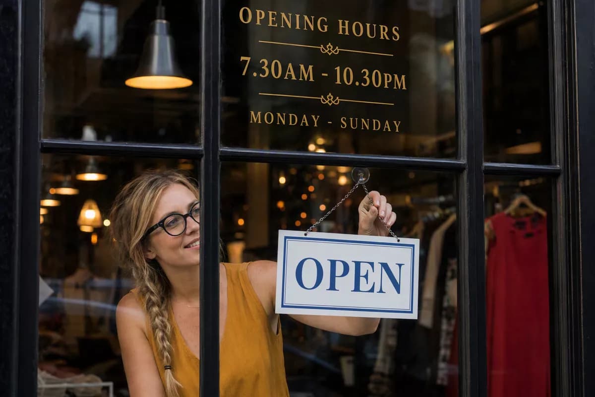 Layout and typography: A woman seen through a shop window as she hangs a sign. She stands inside a diml