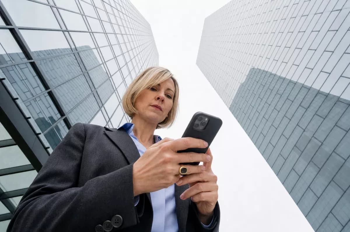 People and lifestyle: A woman in her forties with a short blonde bob, in a charcoal tailored blazer ov