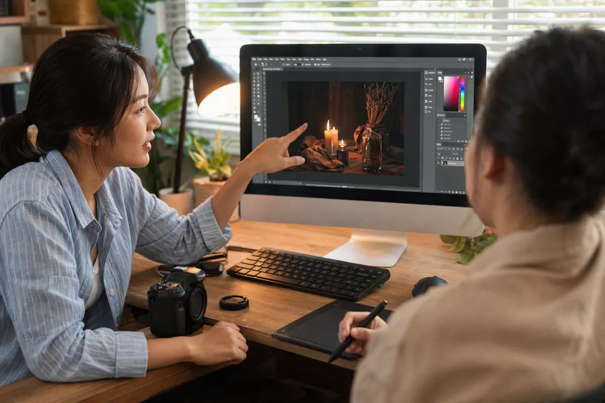 People and lifestyle: Two young women working together at a home-office desk. The one on the left, in 