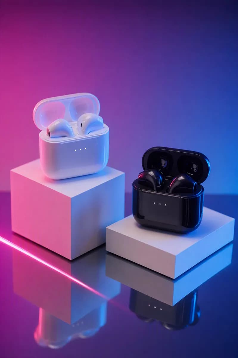 GPT Image 2 — Product and e-commerce: Two wireless earbud charging cases displayed on white geometric podiums, both op