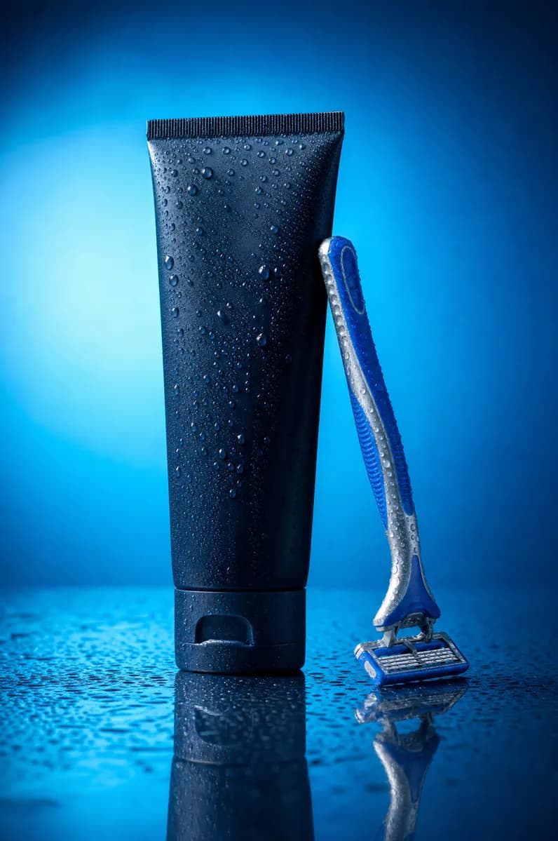 Product and e-commerce: A men's grooming product shot on a wet blue surface: a matte dark navy cosmetic 