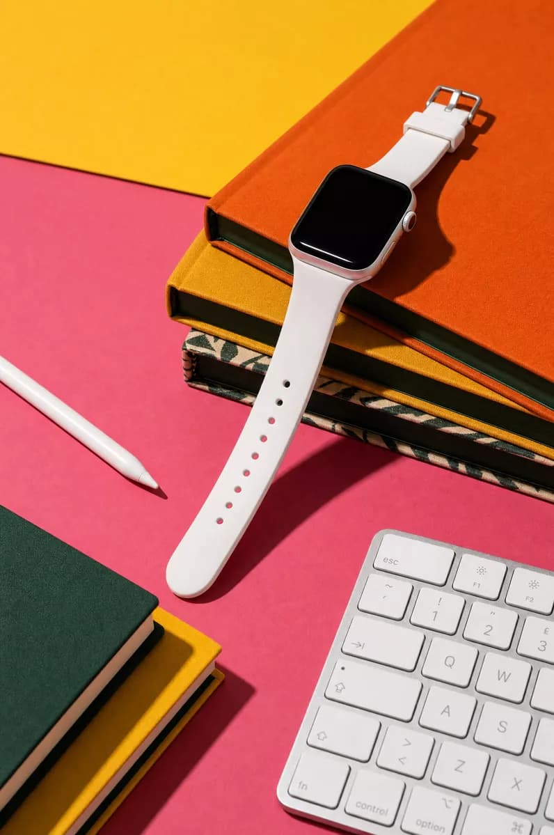 Product and e-commerce: A colour-blocked product still life: a white smartwatch with a square black scre