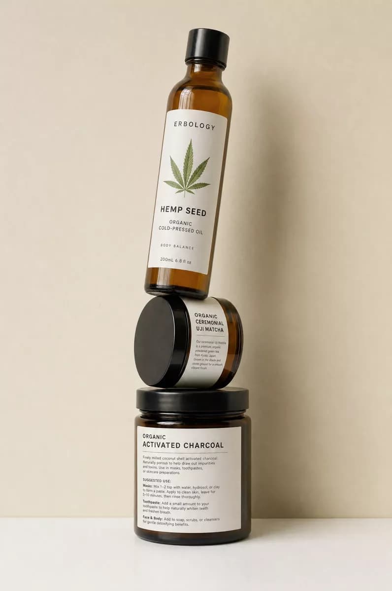 Product and e-commerce: Three amber glass products from one skincare range balanced in an impossible ver