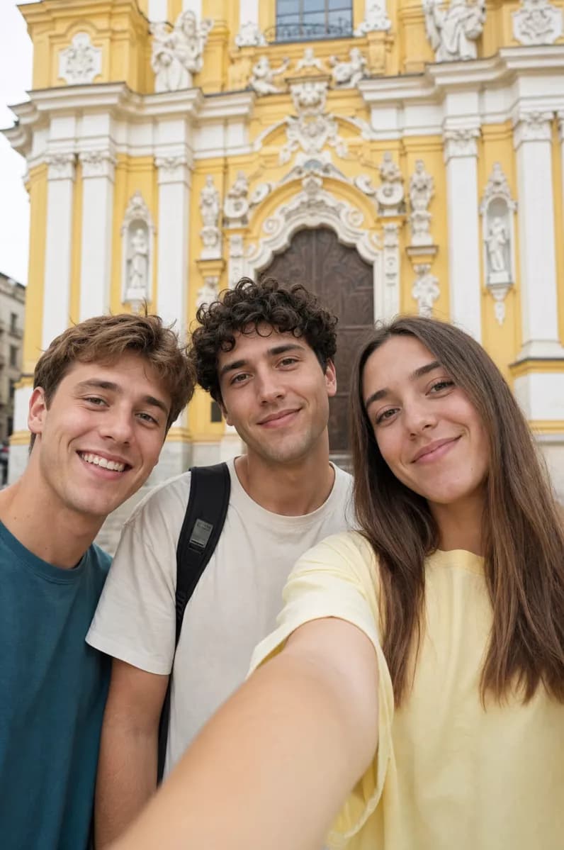 Social marketing: A vertical selfie of three friends in front of a baroque church facade painted w