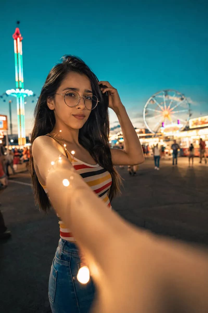 Social marketing: A young woman at a fairground at dusk reaches her arm straight toward the camera