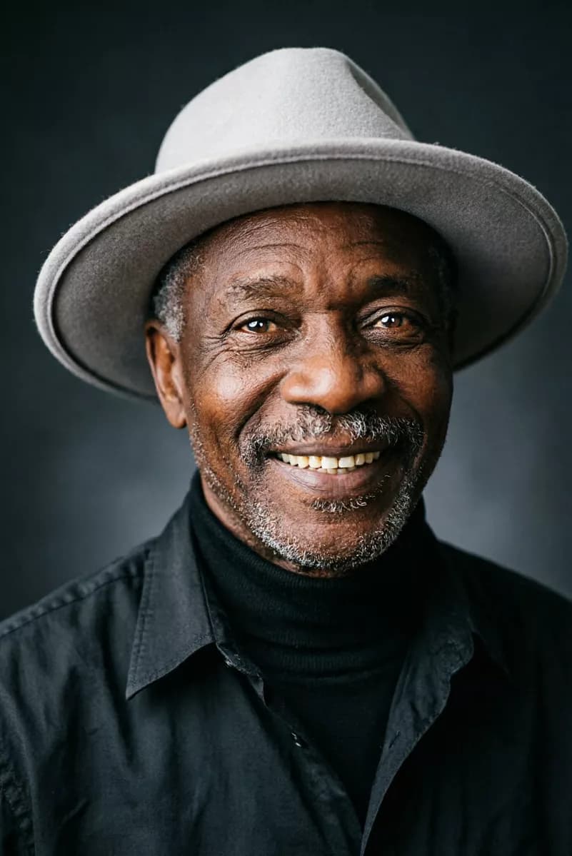 Fashion and beauty: A studio portrait of a Black man in his sixties smiling broadly at the camera, h