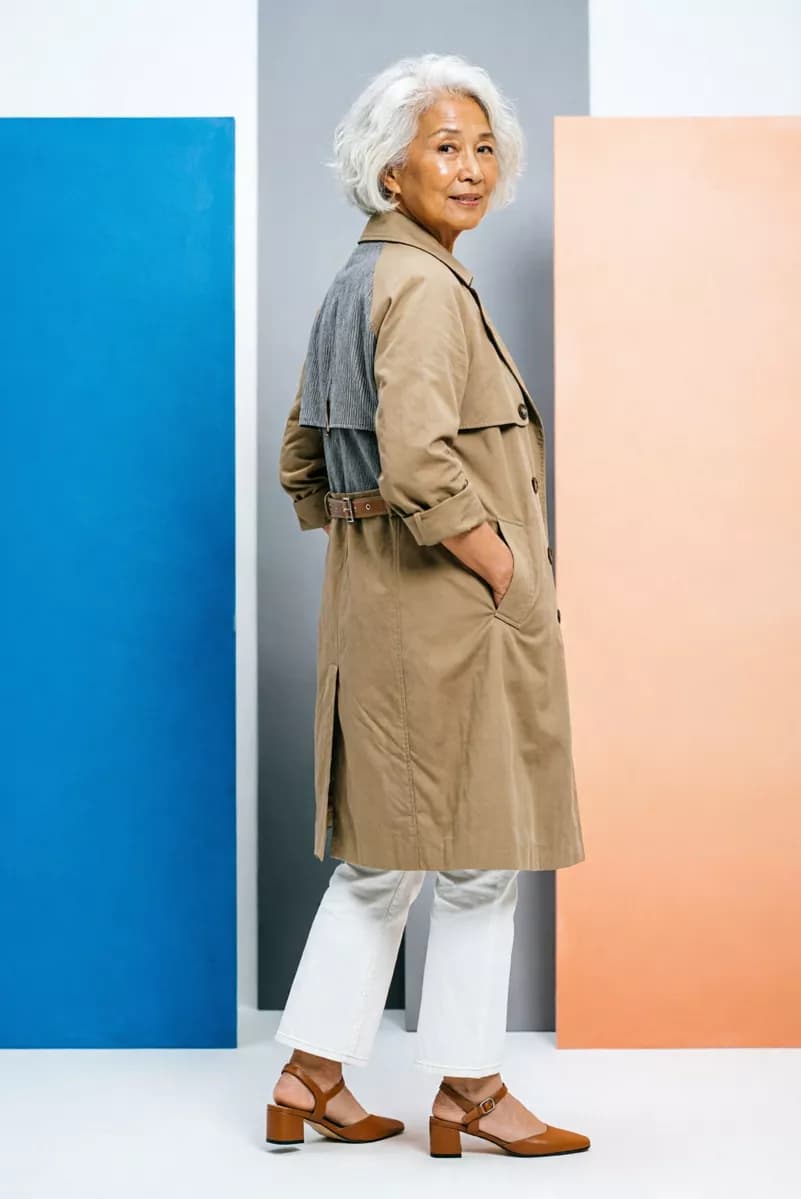 Fashion and beauty: A full-length studio fashion shot of an elegant older woman with a short white b