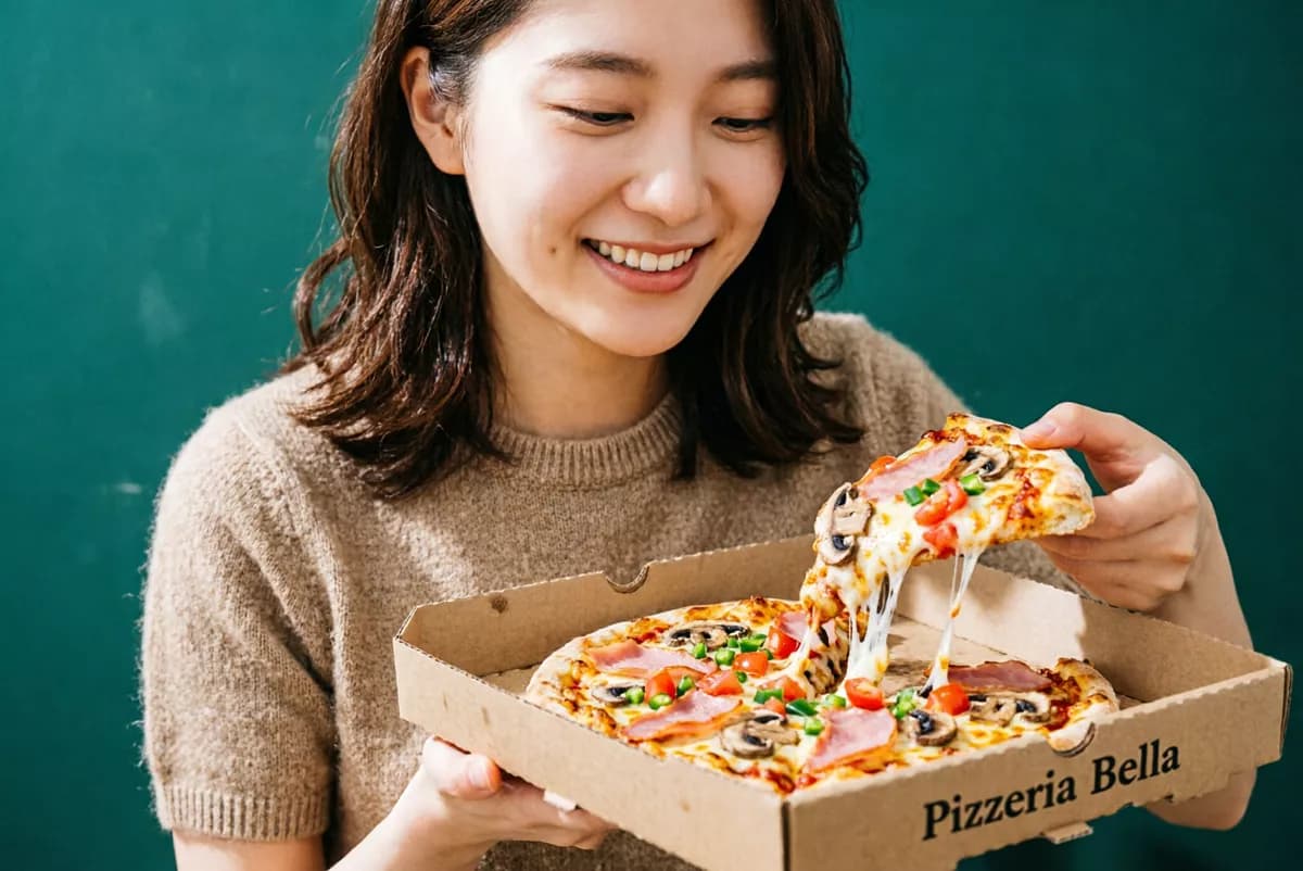 Qwen Image 2.0 — Food and beverage: A young woman with dark hair in a beige knitted t-shirt holds an open kraft card