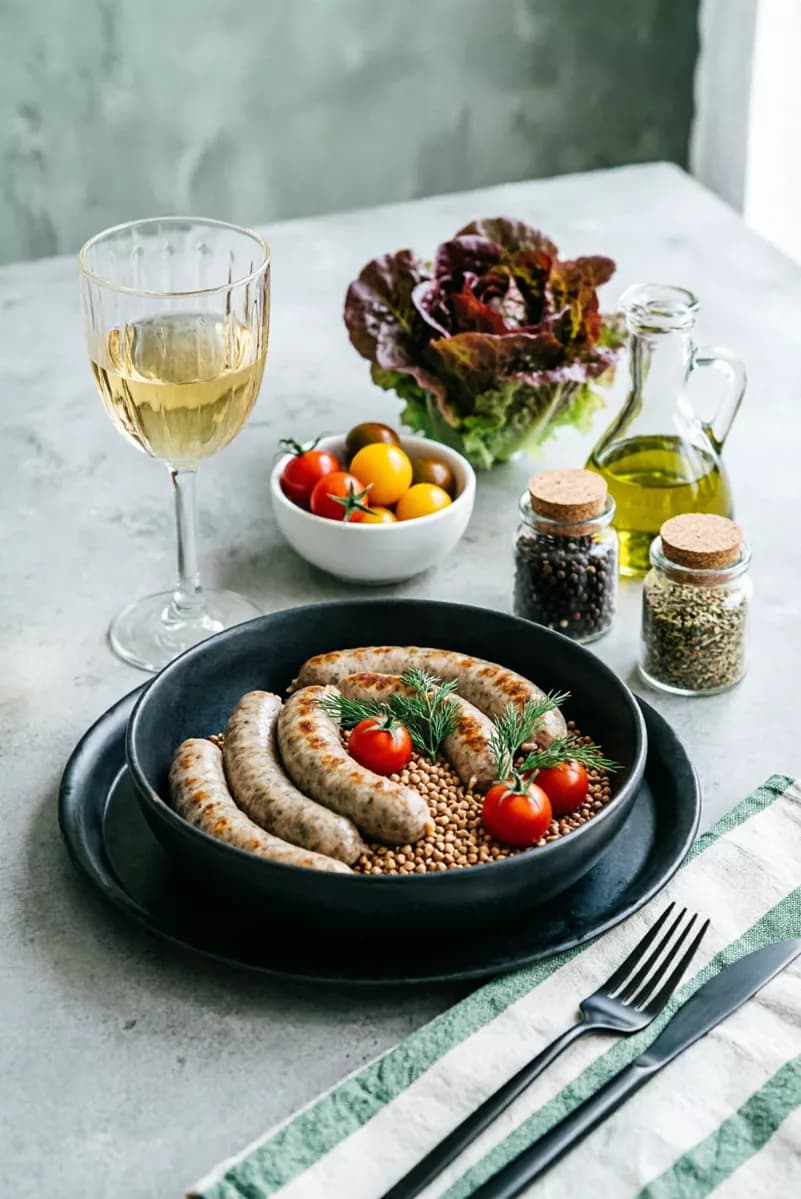 Food and beverage: A rustic still life on a grey concrete surface: a dark ceramic bowl on a black m