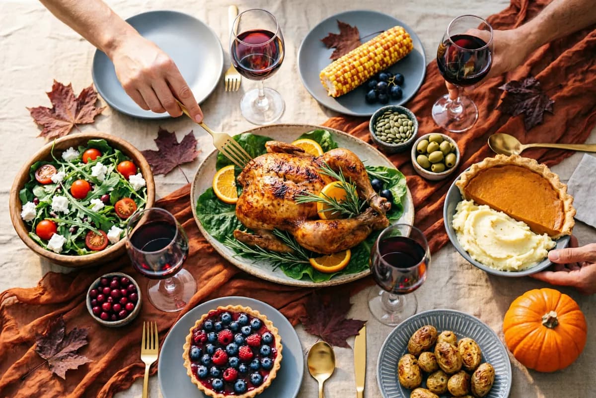 Food and beverage: An autumn holiday dinner table shot straight from above. In the centre a roast c