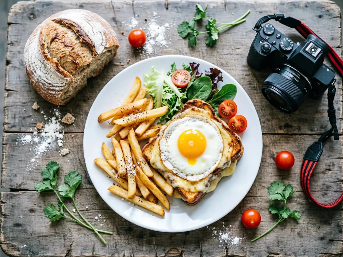 Food and beverage: A top-down food scene on weathered grey planks. A white plate holds a croque-mad