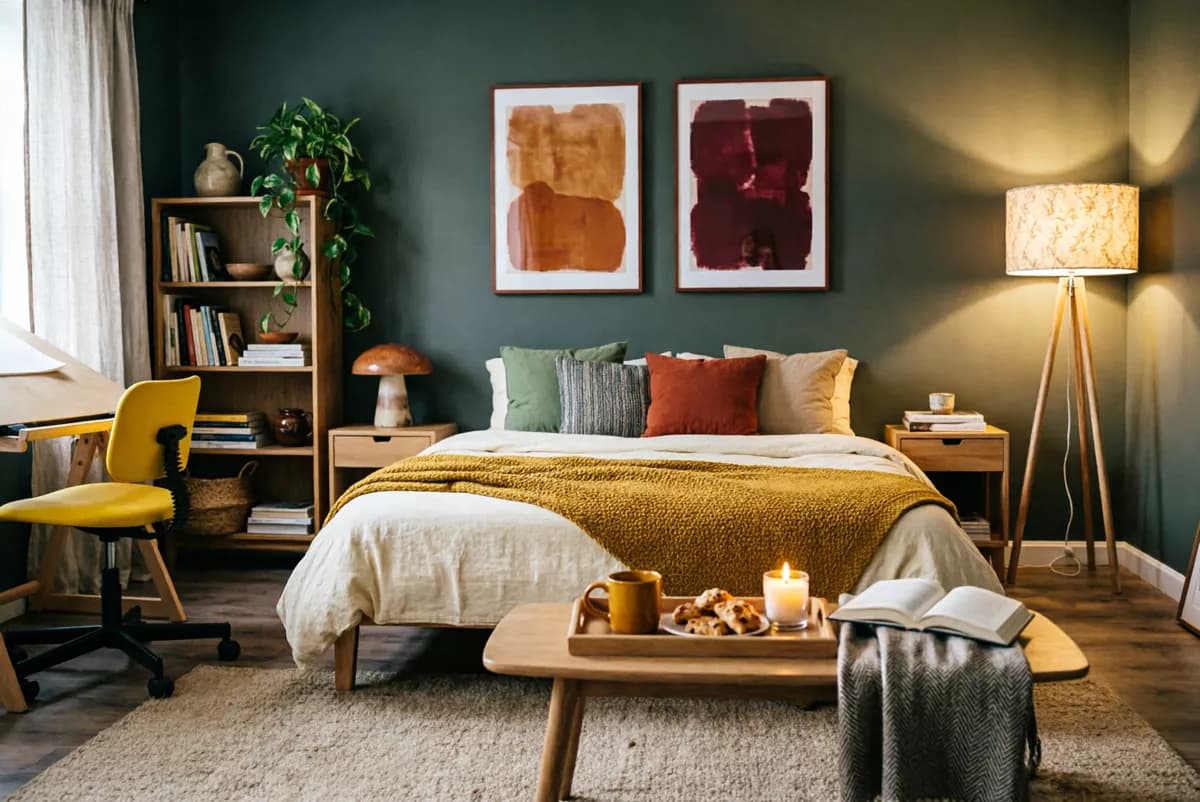 Interior: An evening bedroom with dark green-grey walls. A low bed made up with a cream co