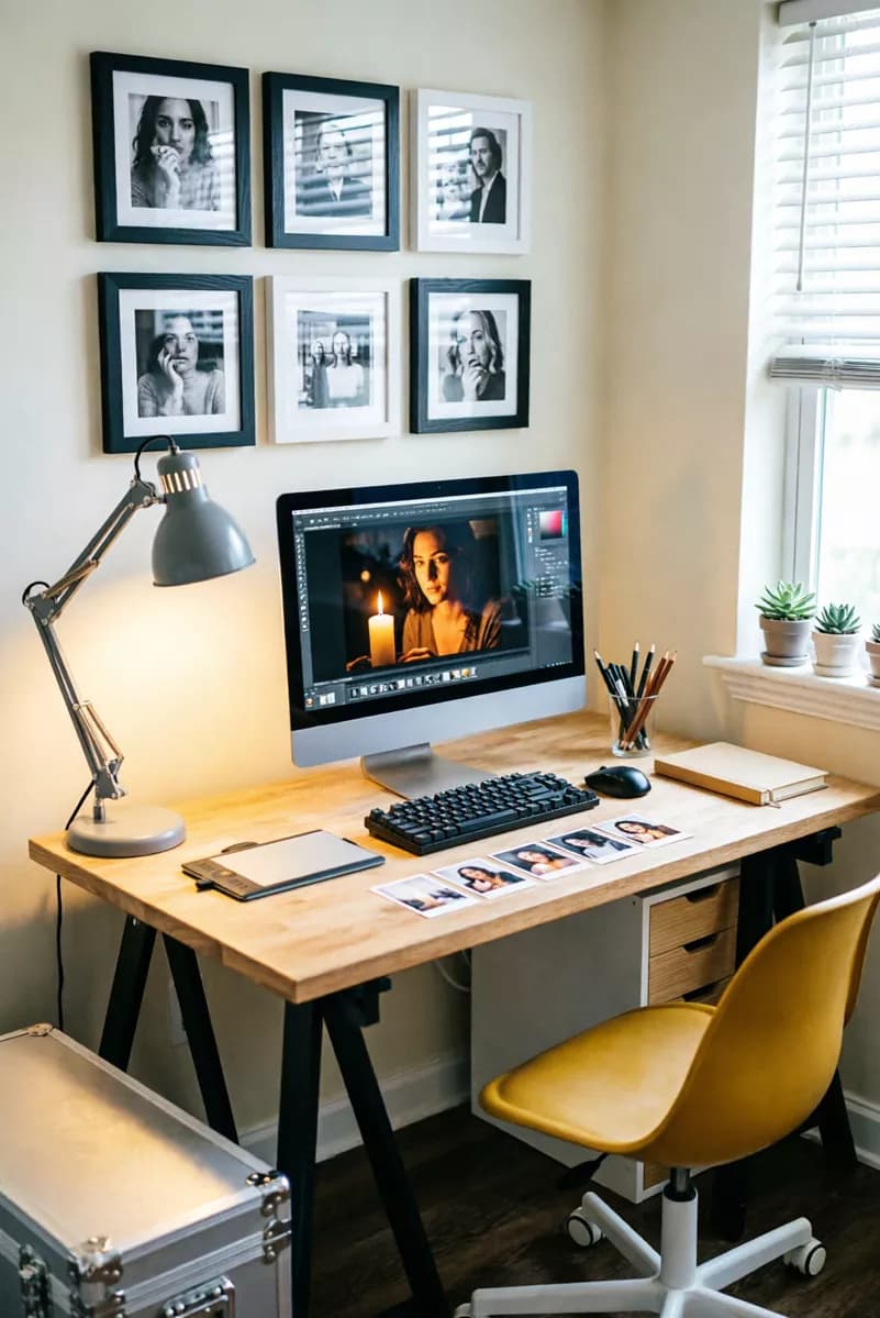 Interior: A cosy home-office corner shot vertically. A light wood desk on black trestle le