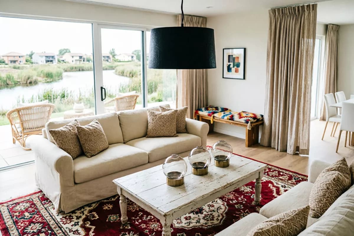 Interior: A bright living room seen from a raised corner viewpoint. Two cream upholstered 