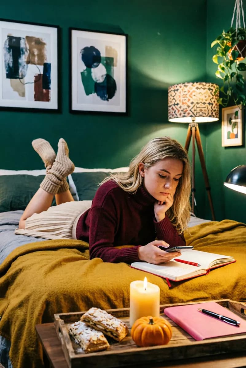 Interior: The same dark green evening bedroom, framed vertically, with a young blonde woma