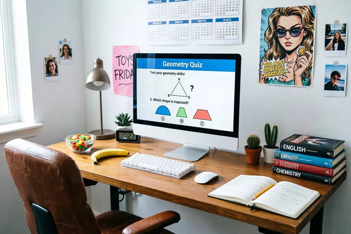 Qwen Image 2.0 — Layout and typography: A teenager's home study corner. A silver all-in-one computer on a wooden desk sh