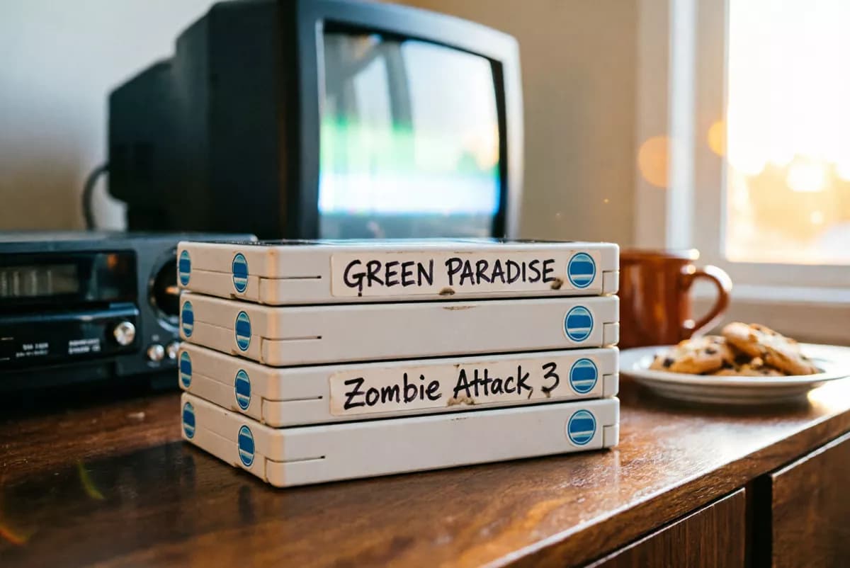 Layout and typography: A close-up of a stack of four VHS cassettes on a wooden media cabinet, shot alon