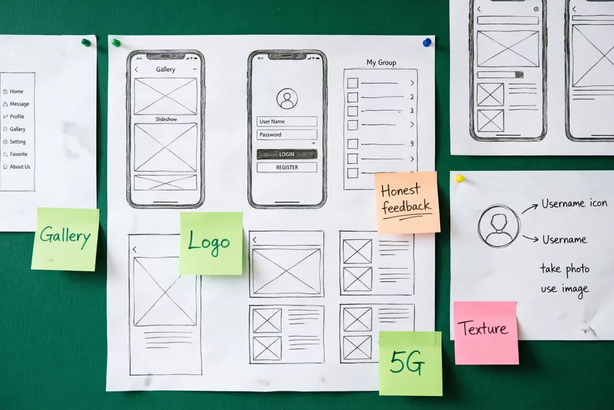 Layout and typography: A UX design wall shot straight on: a dark green surface covered with white paper