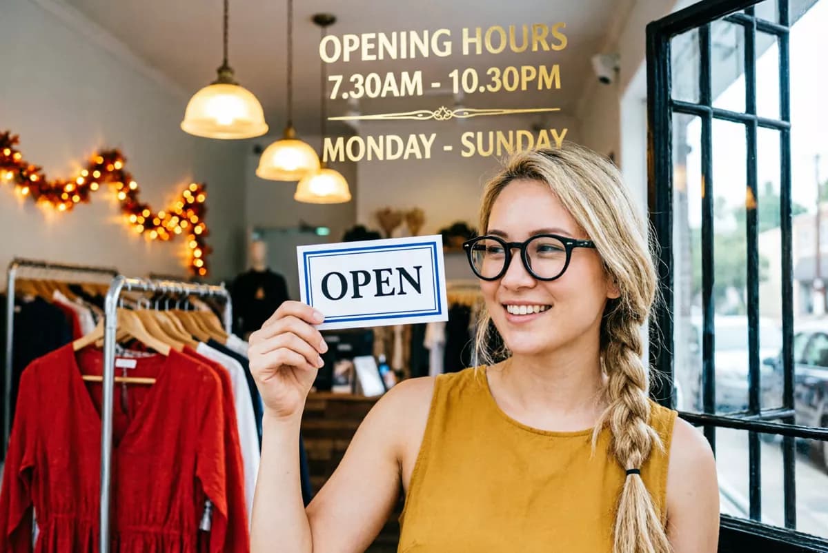 Layout and typography: A woman seen through a shop window as she hangs a sign. She stands inside a diml