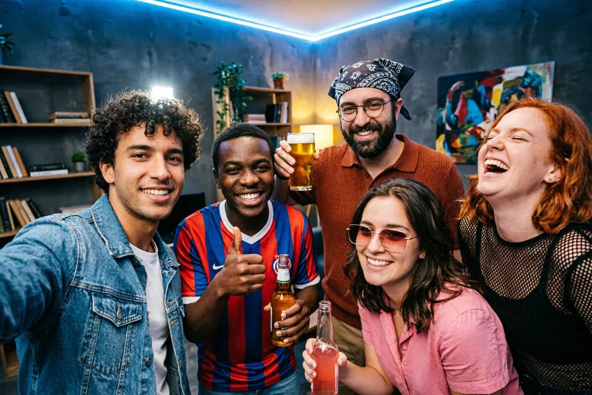 Qwen Image 2.0 — People and lifestyle: A wide-angle group selfie of five friends at a house party, all laughing and cro