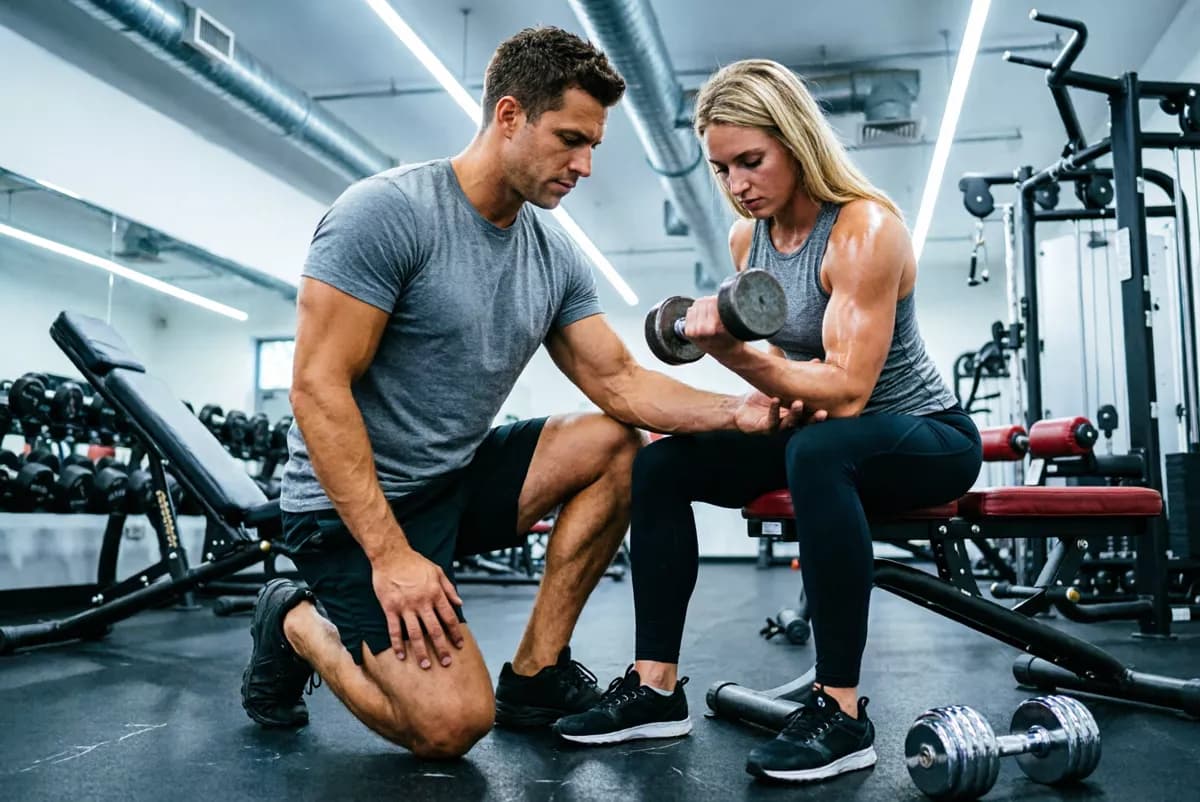 People and lifestyle: A gym scene: a muscular male trainer in a grey t-shirt and black shorts kneels o