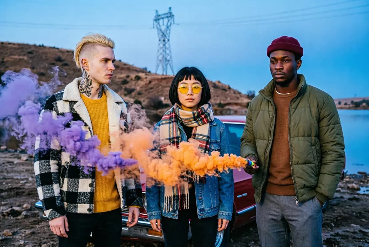 People and lifestyle: Three young people stand shoulder to shoulder in front of a red vintage sedan on