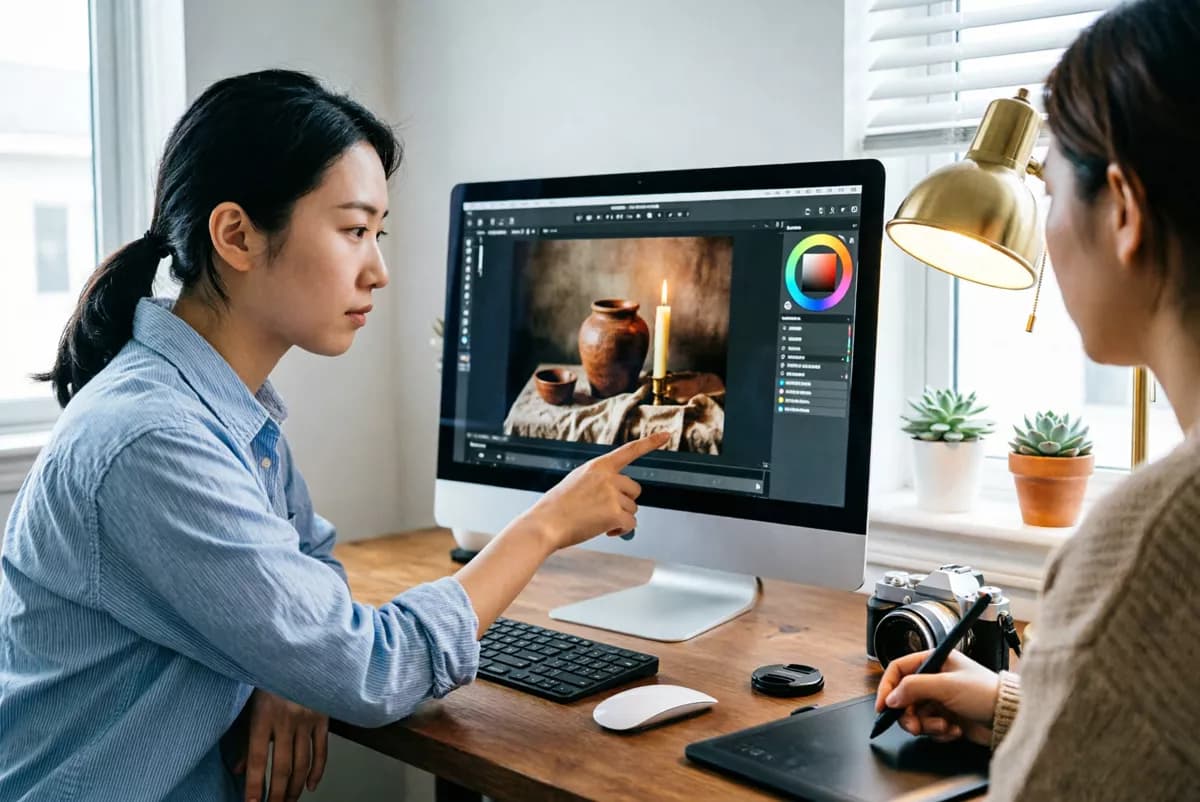 People and lifestyle: Two young women working together at a home-office desk. The one on the left, in 