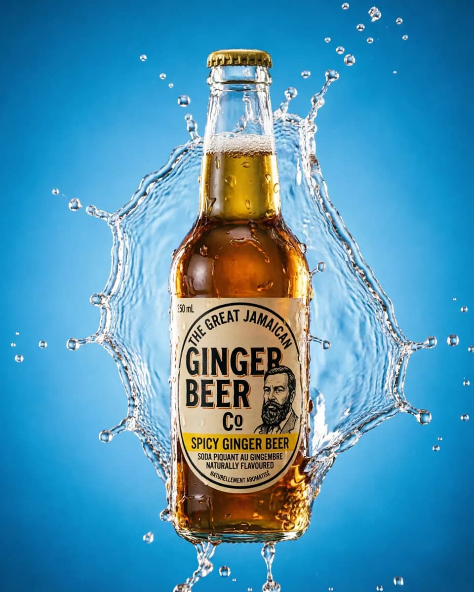 Product and e-commerce: A drinks product shot against a flat mid-blue background. A glass bottle of ging