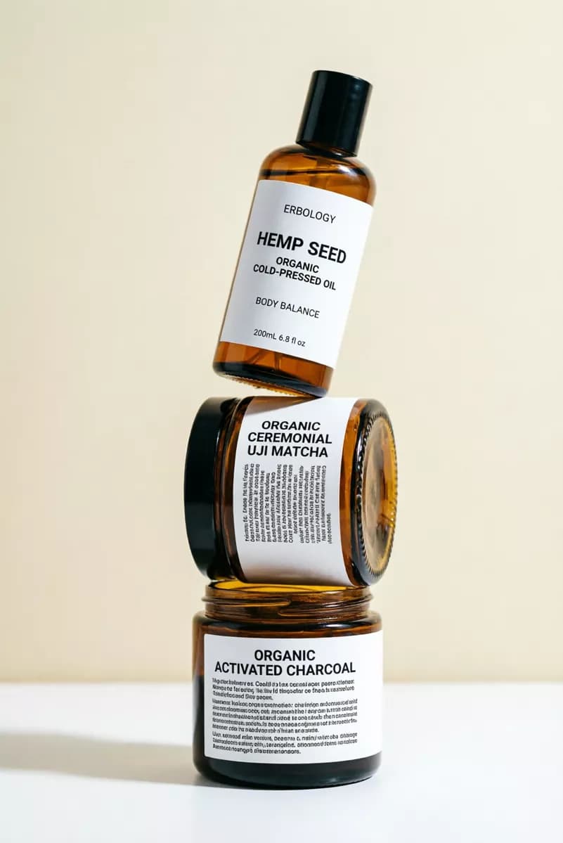 Product and e-commerce: Three amber glass products from one skincare range balanced in an impossible ver
