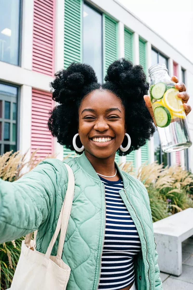 Social marketing: A low-angle outdoor selfie of a young woman with dark curly hair in two afro puf