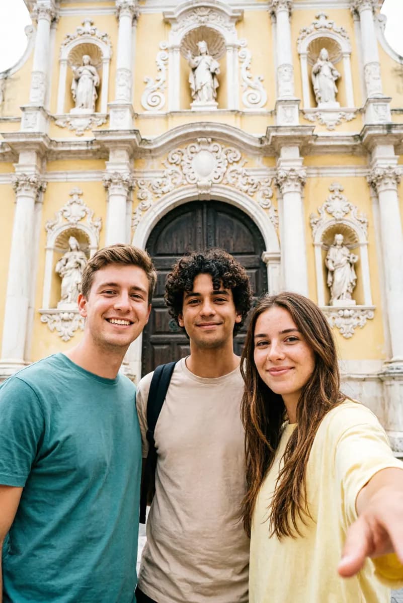 Social marketing: A vertical selfie of three friends in front of a baroque church facade painted w