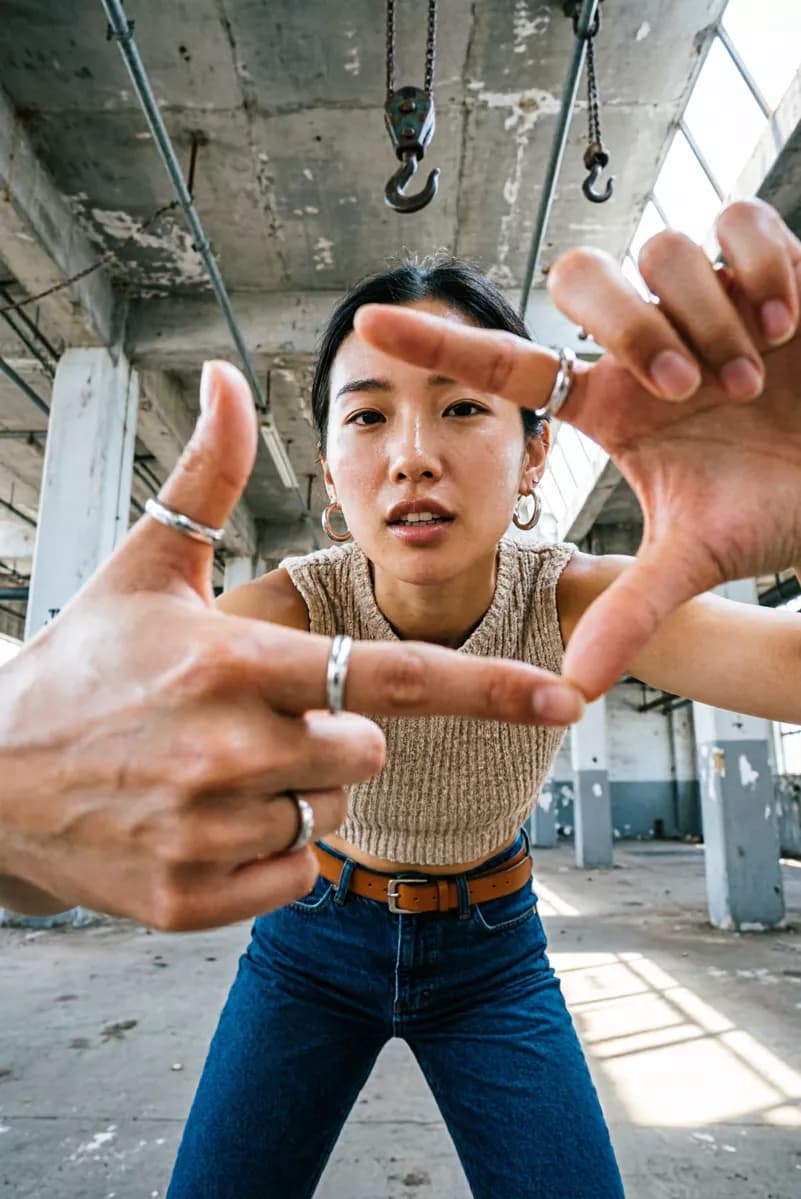 Social marketing: A wide-angle portrait taken from below in an empty industrial floor of a disused