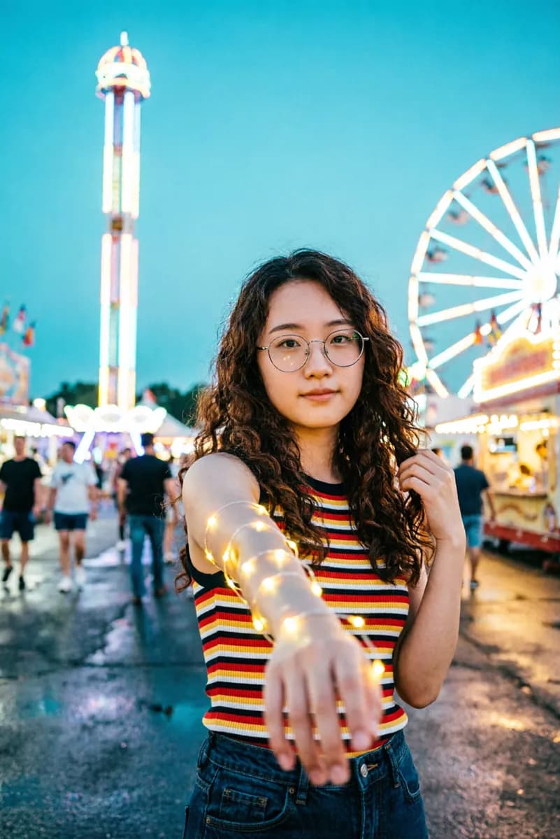 Social marketing: A young woman at a fairground at dusk reaches her arm straight toward the camera