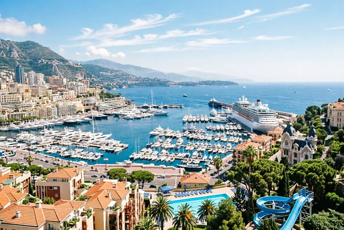 Street and architecture: An elevated wide view of the Monaco harbour from a hillside. In the centre, hund