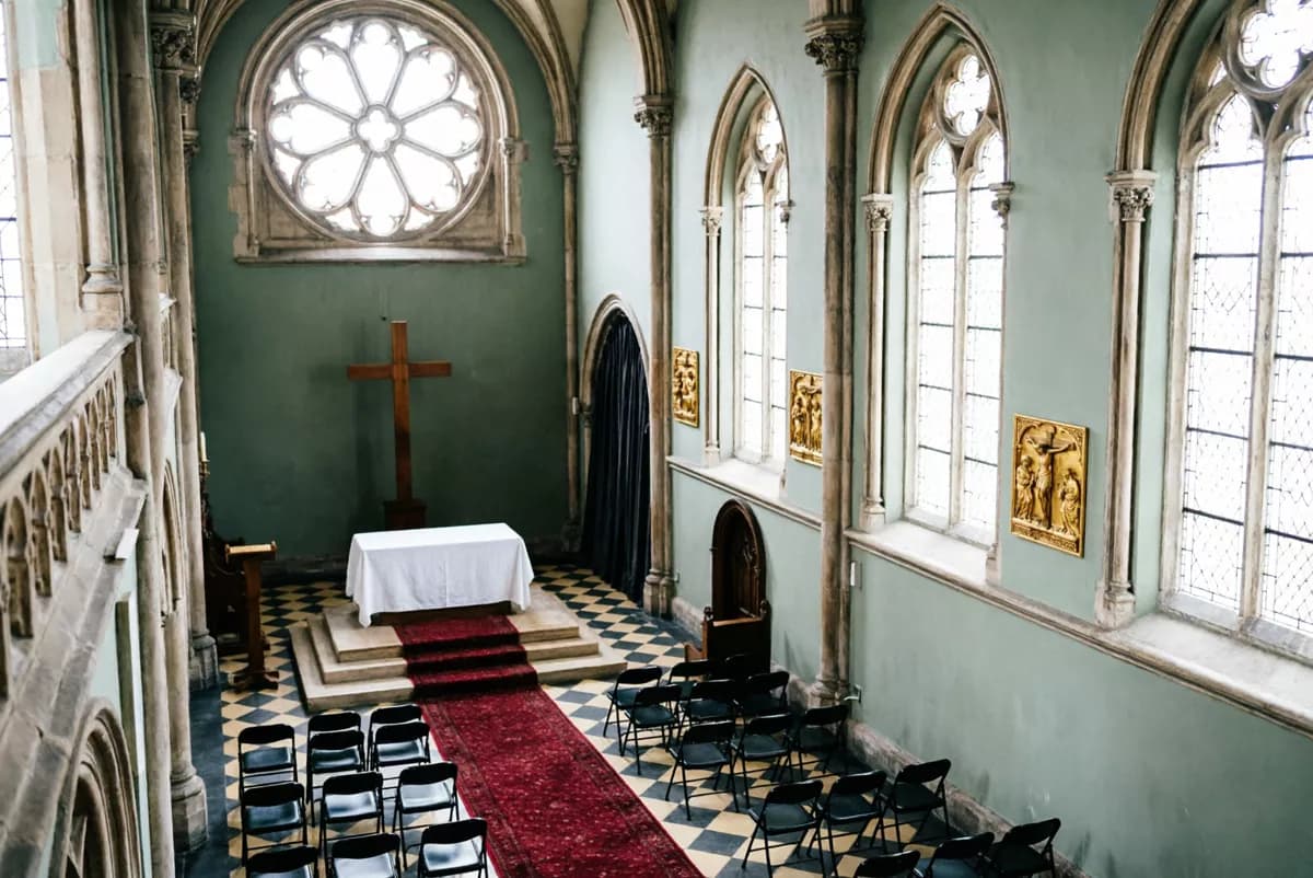 Street and architecture: The interior of a neo-Gothic church seen from a high balcony looking down the na