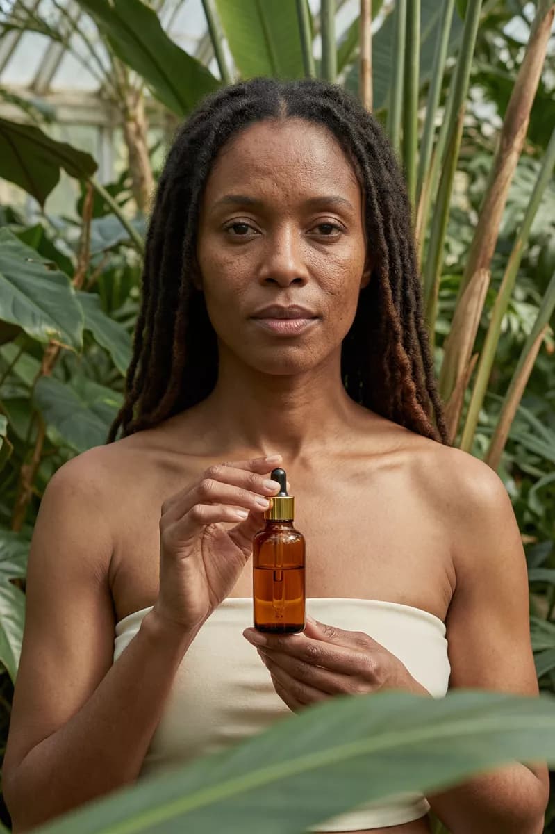 Fashion and beauty: A Black woman with long locs, bare shoulders and a strapless cream top stands am