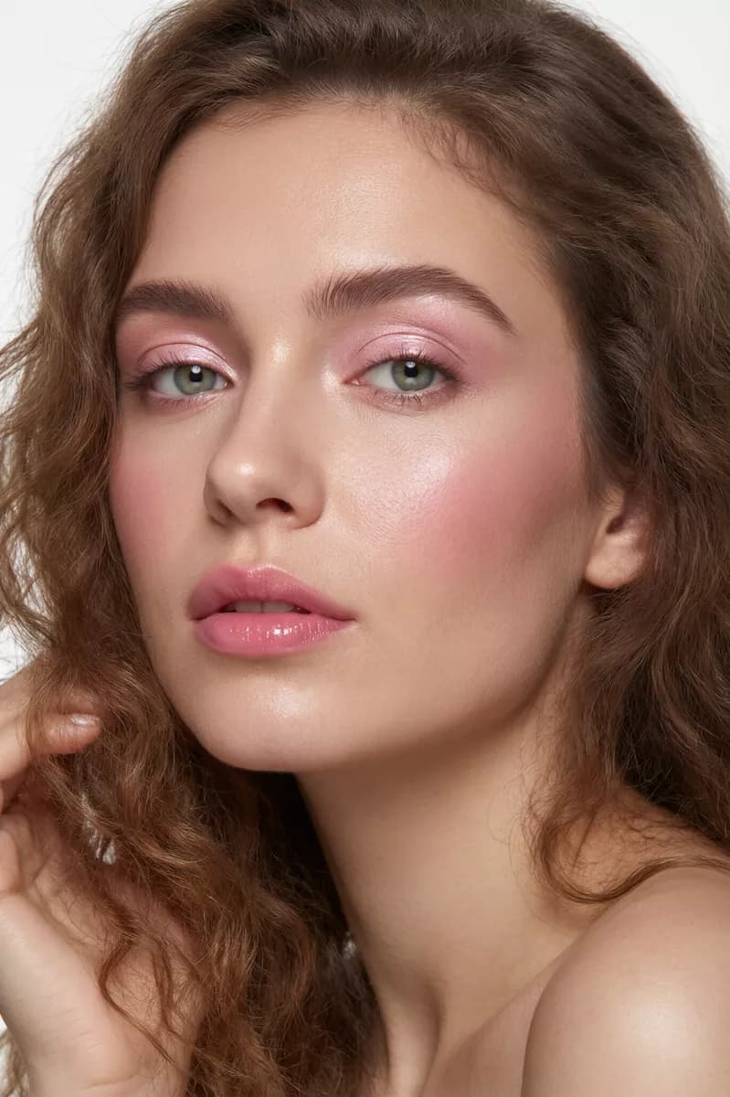Fashion and beauty: A beauty close-up of a young woman with long wavy caramel-brown hair filling the