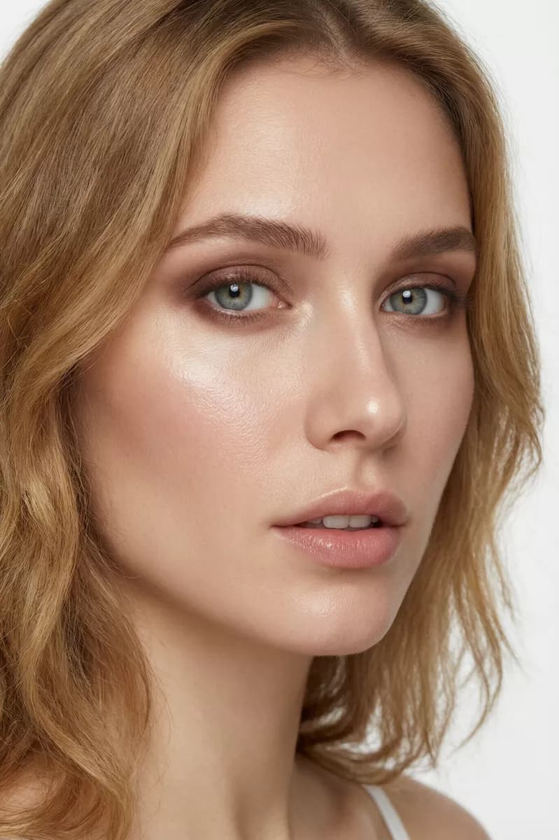 Fashion and beauty: A beauty close-up of a young woman with long wavy honey-blonde hair against a pl