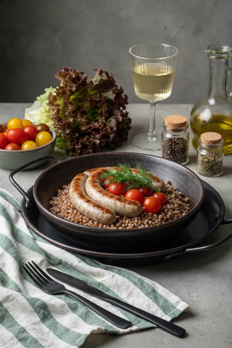 Food and beverage: A rustic still life on a grey concrete surface: a dark ceramic bowl on a black m