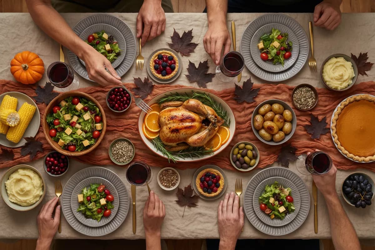 Food and beverage: An autumn holiday dinner table shot straight from above. In the centre a roast c