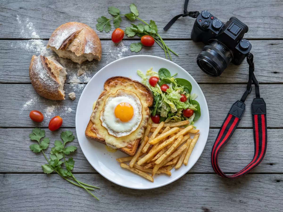 Food and beverage: A top-down food scene on weathered grey planks. A white plate holds a croque-mad