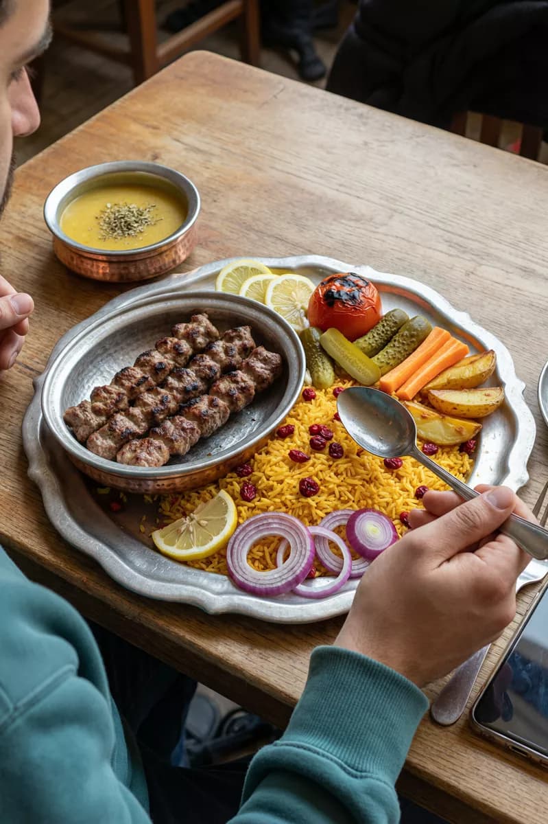 Food and beverage: A Persian meal on a rough wooden table, shot from above at an angle. A large sca