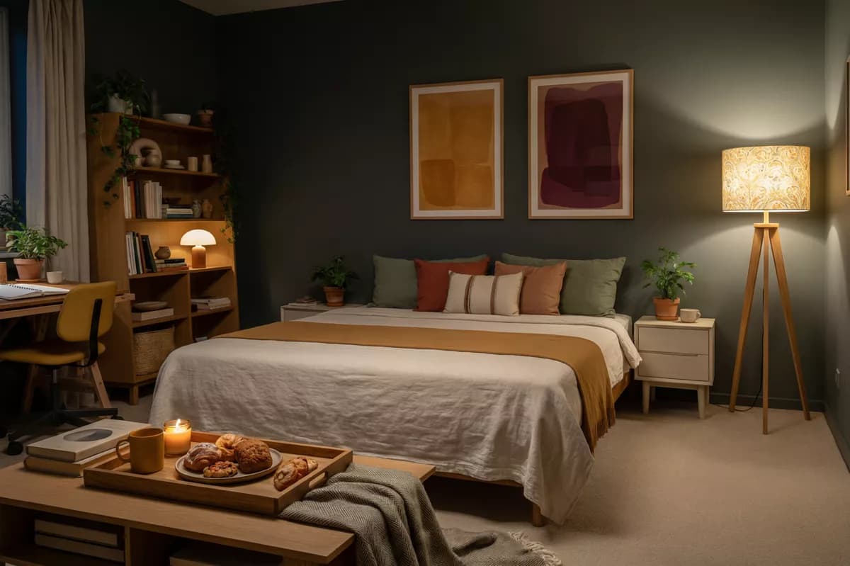 Interior: An evening bedroom with dark green-grey walls. A low bed made up with a cream co