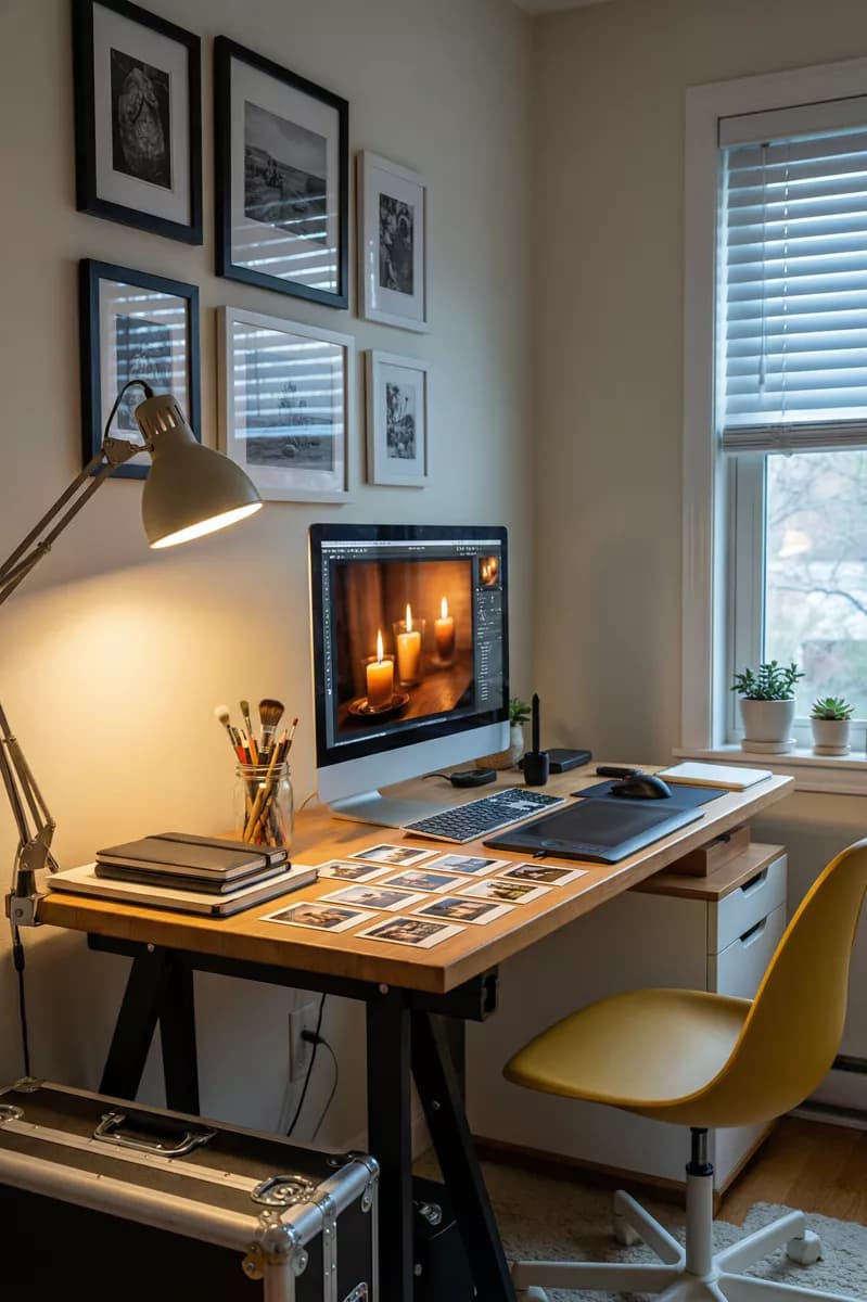 Interior: A cosy home-office corner shot vertically. A light wood desk on black trestle le