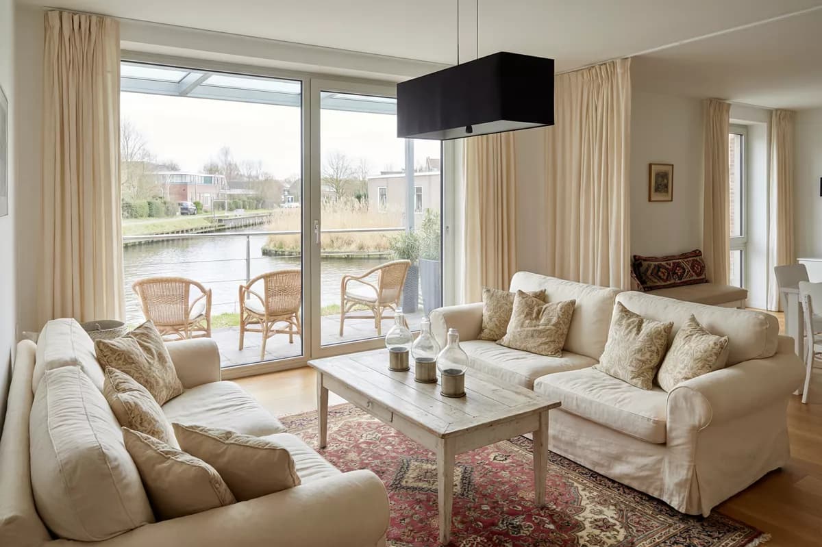 Interior: A bright living room seen from a raised corner viewpoint. Two cream upholstered 