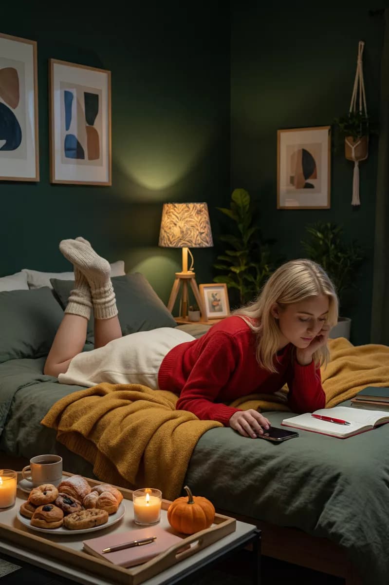 Interior: The same dark green evening bedroom, framed vertically, with a young blonde woma