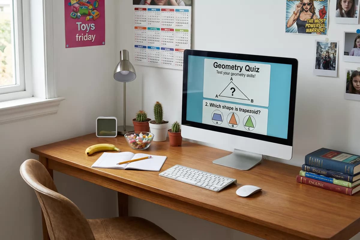 Layout and typography: A teenager's home study corner. A silver all-in-one computer on a wooden desk sh